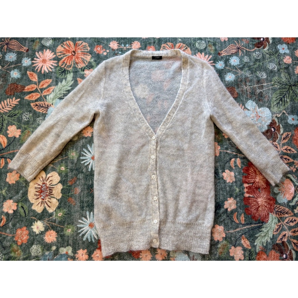J.Crew Oatmeal Beige Mohair Blend V-Neck Button Front Cardigan Sweater Womens